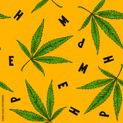 Seamless beautiful hemp pattern. Bright and stylish cannabis for textile design. Leafs ornament. Natural and organic pattern design with geometrical elements