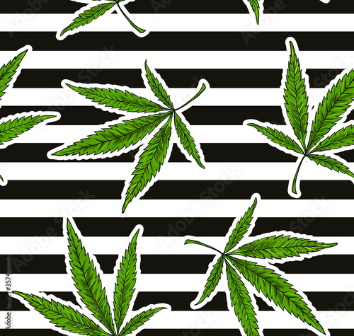 Seamless beautiful hemp pattern. Bright and stylish cannabis for textile design. Leafs ornament. Natural and organic pattern design with geometrical elements