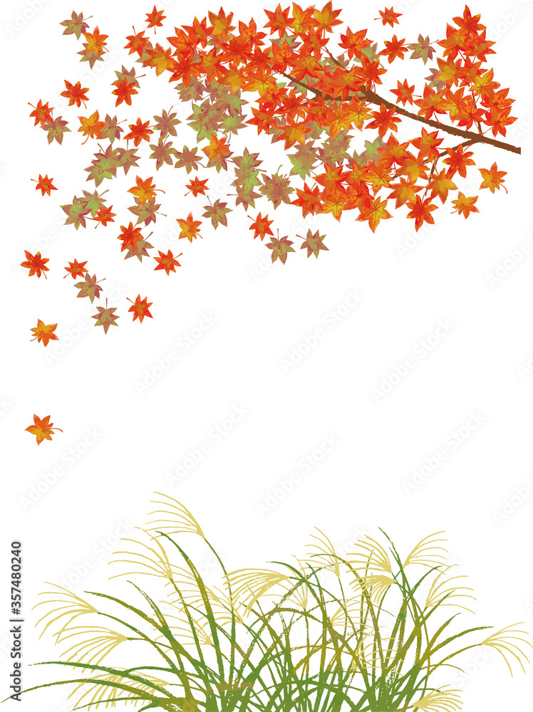 秋の風景・葉が舞うもみじと風に揺れるススキのベクターイラスト