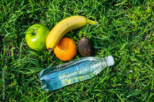 Bottle of fresh water and fruits on the green grass