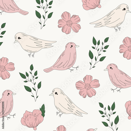 Hand drawn Sketchy Tropical Bird Floral Pattern.