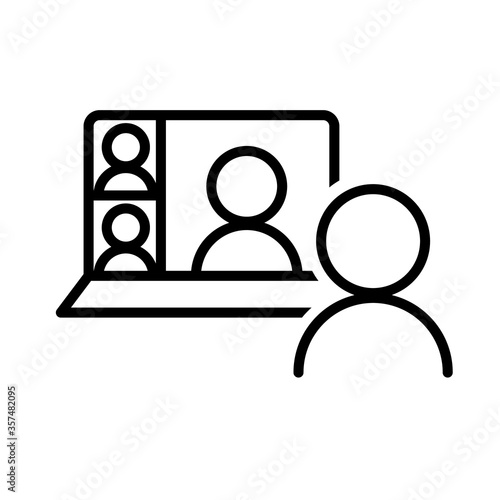 Video chat conference icon. People on computer screen. Home office. Digital communication. Internet teaching media.
