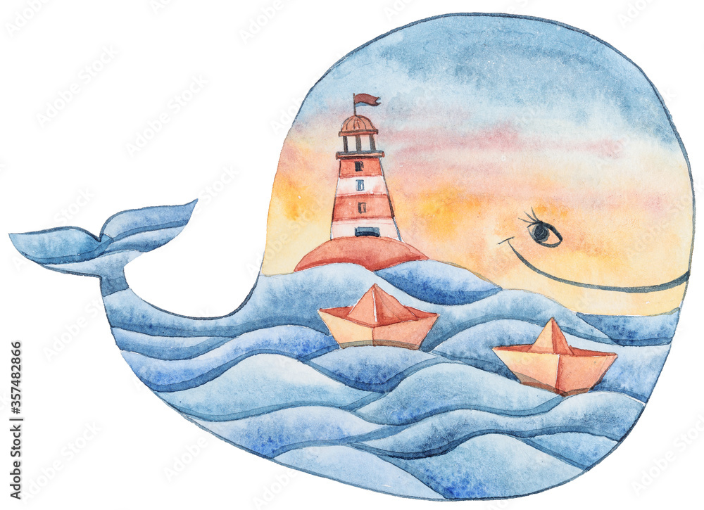 Fototapeta Watercolor hand painted cartoon sea character. Cute lovely fantasy whale, sailboat, lighthouse. Perfect for print, pattern, textile design, fabric, poster, travel blog 