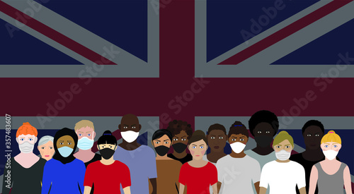 Black lives matters protesters wearing face masks during the Coronavirus pandemic, on a union jack background