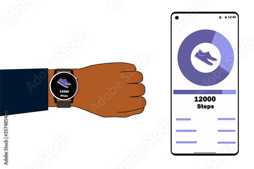 Smart watch on hand. App on the phone.The tracker shows the number of steps. The application on the phone shows the number of steps taken.