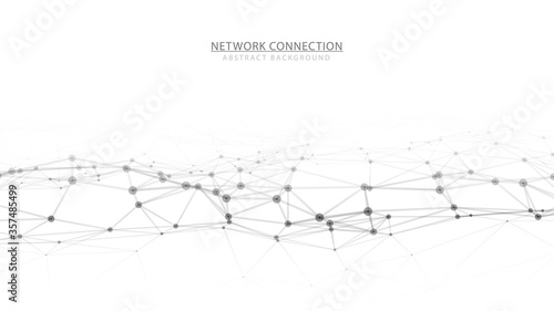 Abstract wave of particles and lines. Network connection structure on white background. Big data visualization. Vector illustration.