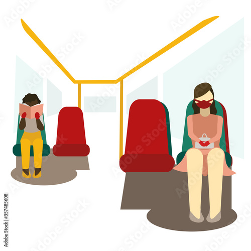 People on Public Transport keeping distance and wearing masks during World Pandemic Situation on white isolated background, vector illustration to make posters or picture for decor of websites.