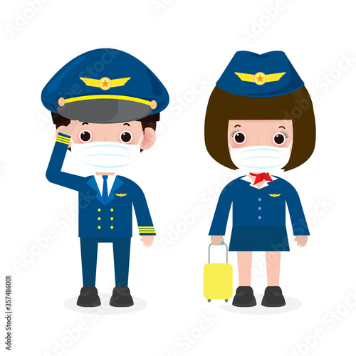new normal lifestyle concept. pilot and stewardess wearing face mask protect coronavirus covid-19, officers and flight attendants pilot and air hostess isolated on white background vector illustration