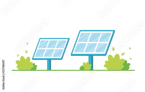 Vector illustration. Renewable energy, solar panels station concept, green electricity. Plant. Eco, ecology, natural. On white background. Blue. Eps 10