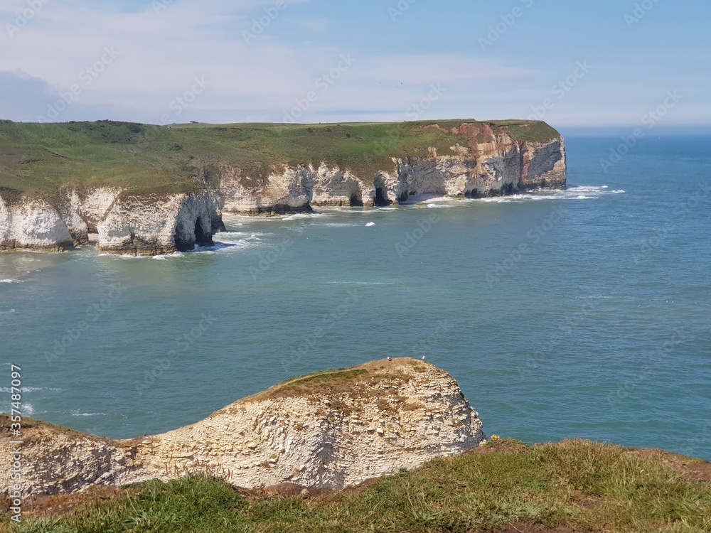 View of the cliffs and sea at Flamborough Head, East Riding, Yorkshire, England, UK View of the cliffs and sea at Flamborough Head, East Riding, Yorkshire, England, UK