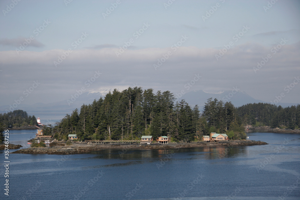 Fototapeta premium Housing on a small island in Sitka, Alaska