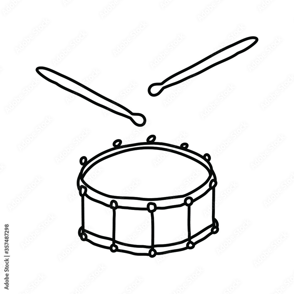 Hand drawn sketch of drum in doodle style on white background. Vector illustration. Hand drawn sketch of drum in doodle style on white background. Vector illustration.
