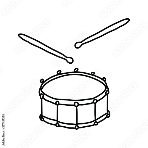 Hand drawn sketch of drum in doodle style on white background. Vector illustration.
