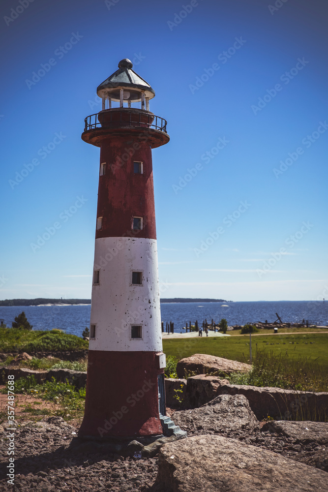 Miniature scale models of finnish lighthouses on the waterfront in the Katariina Seaside Park