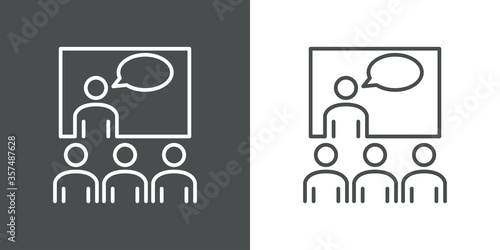 Símbolo curso de formación. Icono plano hombre con pizarron y burbuja de habla con público en fondo gris y fondo blanco
