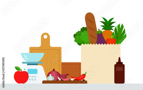 Set of products on the table and kitchen utensils vector illustration
