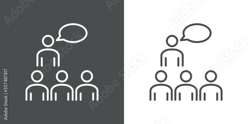 Símbolo curso de formación. Icono plano hombre con burbuja de habla con público en fondo gris y fondo blanco