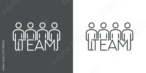 Concepto trabajo en equipo. Icono plano lineal palabra team con grupo de personas de pie en fondo gris y fondo blanco