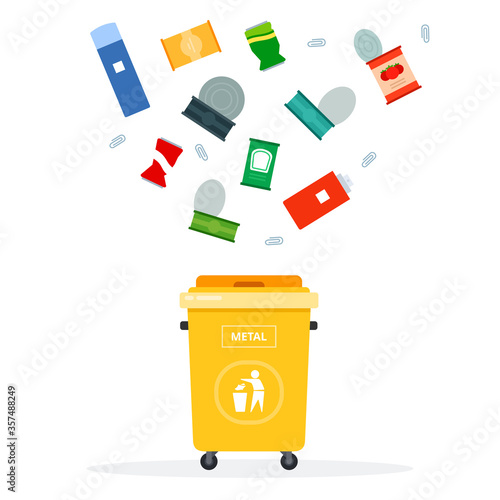 Trash yellow can for metal waste vector flat isolated flat isolated