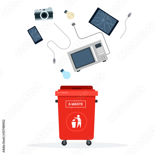 Red trash can for Electronic waste flat isolated