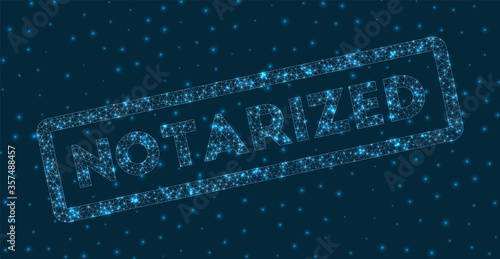 Notarized word in digital style. Glowing geometric notarized badge. Cool vector illustration.