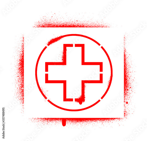 FIRST AID warning medical sign. Isolated red spray graffiti stencil.
