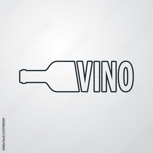 Logotipo lineal con palabra vino como botella de vino en fondo gris