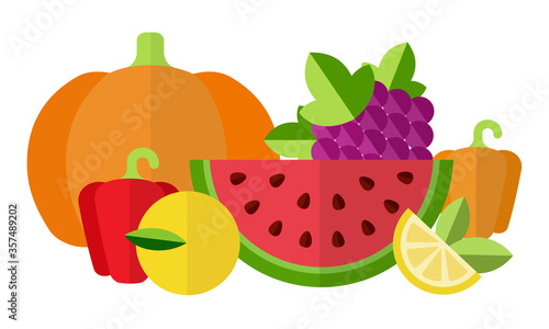 Composition of bio food, harvest festival, fruits and vegetables vector illustration