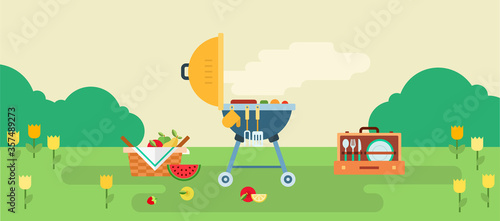 Summer recreation on fresh air with equipment for picnic. Vector flat illustration. Relax on nature.