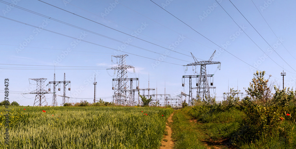 Panoramic image of high voltage substation.