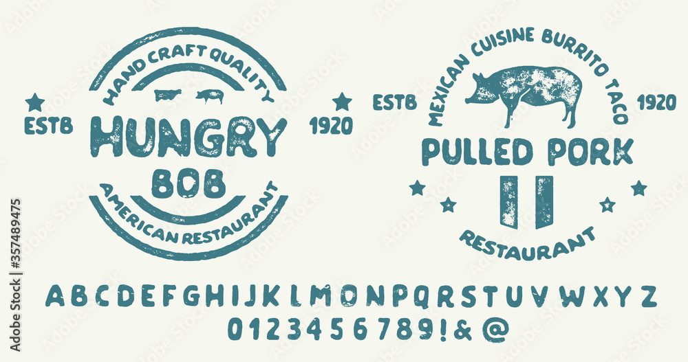 Hand drawn vintage retro font. Outdoor advertising of American restaurants and eateries inspired typeface. Textured unique brush script style alphabet. Letters and numbers. Vector Illustration.