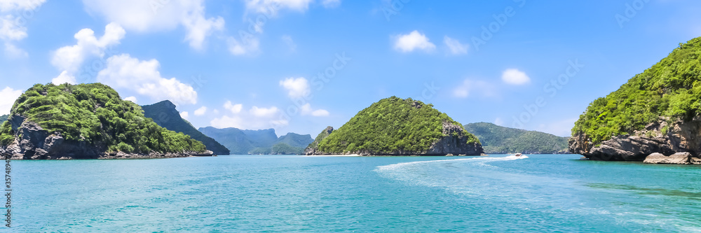 Angthong national marine park, koh Samui, Suratthani, Thailand. Web banner in panoramic view. Angthong national marine park, koh Samui, Suratthani, Thailand. Web banner in panoramic view.