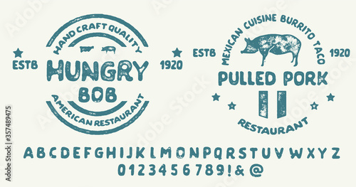 Hand drawn vintage retro font. Outdoor advertising of American restaurants and eateries inspired typeface. Textured unique brush script style alphabet. Letters and numbers. Vector Illustration.