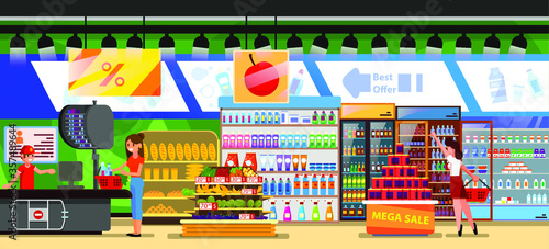 Supermarket store interior with goods.  Grocery, drinks, food, fruits, dairy products with people and checkout counter. Flat design vector illustration.
