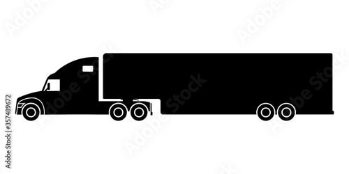 Truck tractor with semitrailer icon. Black silhouette. Side view. Vector flat graphic illustration. Isolated object on a white background. Isolate.