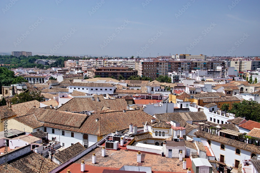 Roof of the old city, panoramic aerial view from the bell tower at the Mezquita - Catedral de Cordoba, Andalusia, Spain