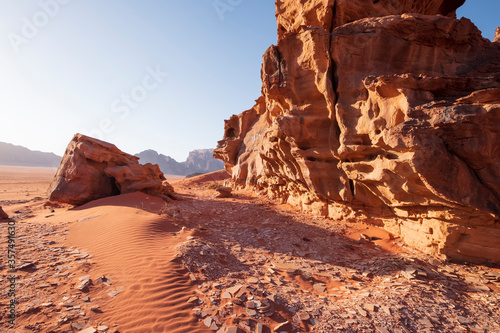 Rocks dunes and sand in the Wadi Rum desert in Jordan