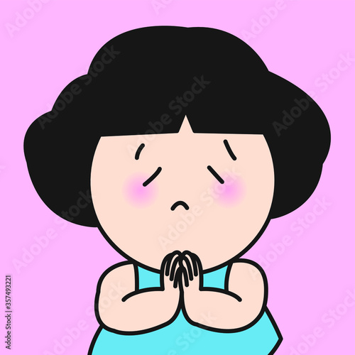 Sad, Sorry, Sorrow Face Asian Young Girl Begging, Wai, Worship Gesture Concept Card Character illustration