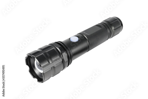 Black led water proof  zoom flashlight  isolated on white background