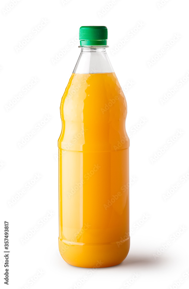 Orange juice bottle with green cap ready for branding on bright light isolated on white background front view in studio Orange juice bottle with green cap ready for branding on bright light isolated on white background front view in studio