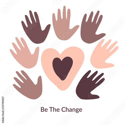 Black and white hands and heart together equalty concept. Campaign against racial discrimination of dark skin color. Hand drawn vector Illustration