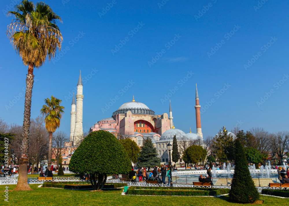 Shot of Hagia Sophia from the outer garden with a palm tree on the side with clear blue sky.