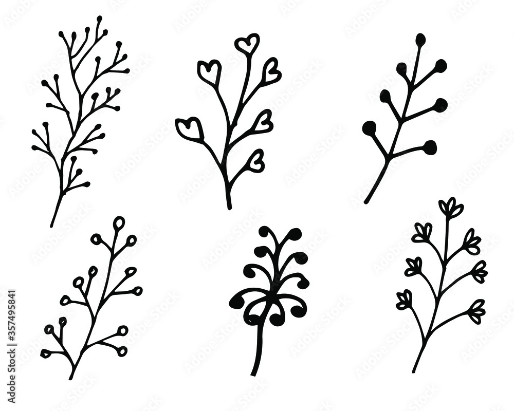 Vector collection of hand drawn herbs and wildflowers. Romantic summer floral set. Hand drawn vector floral elements. Branches and leaves. Herbs and plants collection. Vintage botanical illustrations.