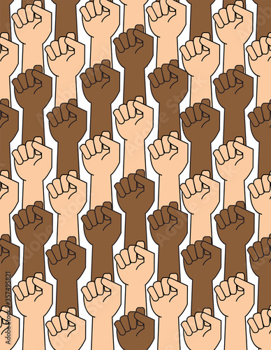 Black Lives Matter, protests against police brutality and racism. Raised fist hand. Pattern, texture. Symbol of black rights activists