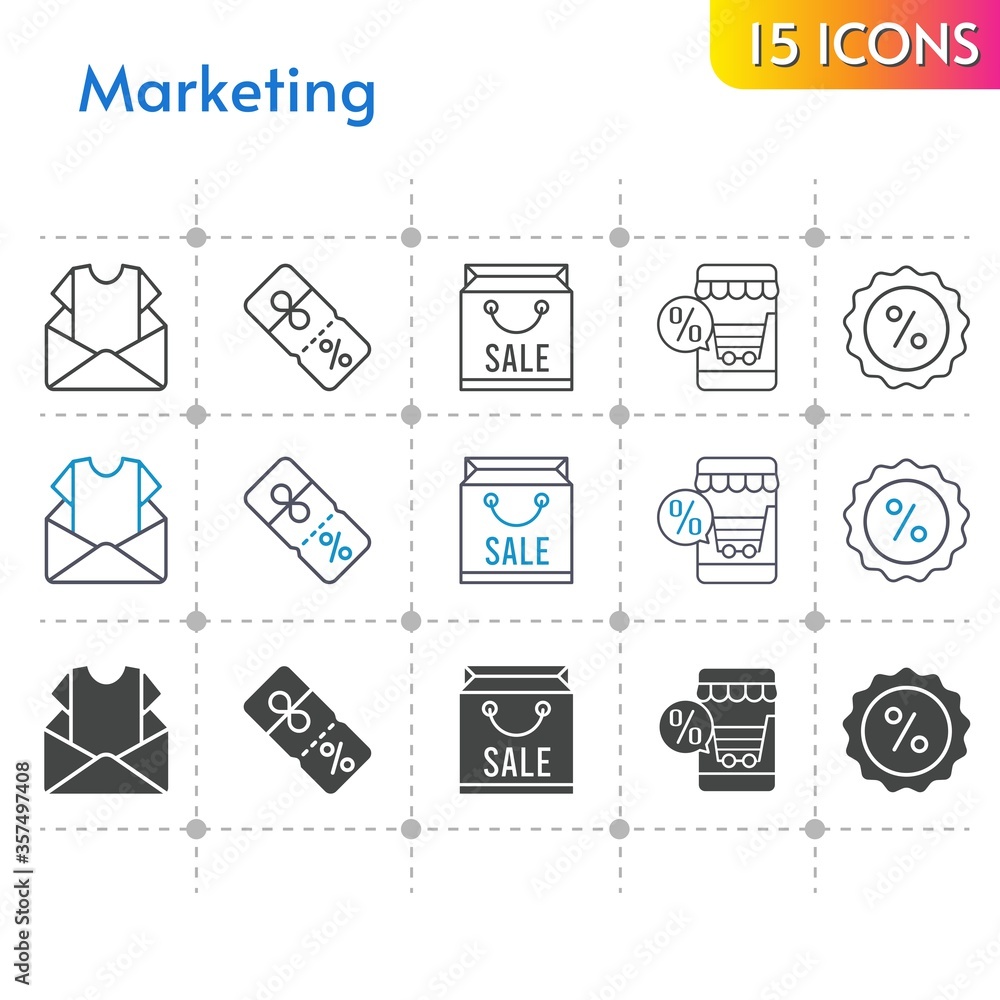 Fototapeta premium marketing icon set. included newsletter, shopping bag, online shop, discount icons on white background. linear, bicolor, filled styles.