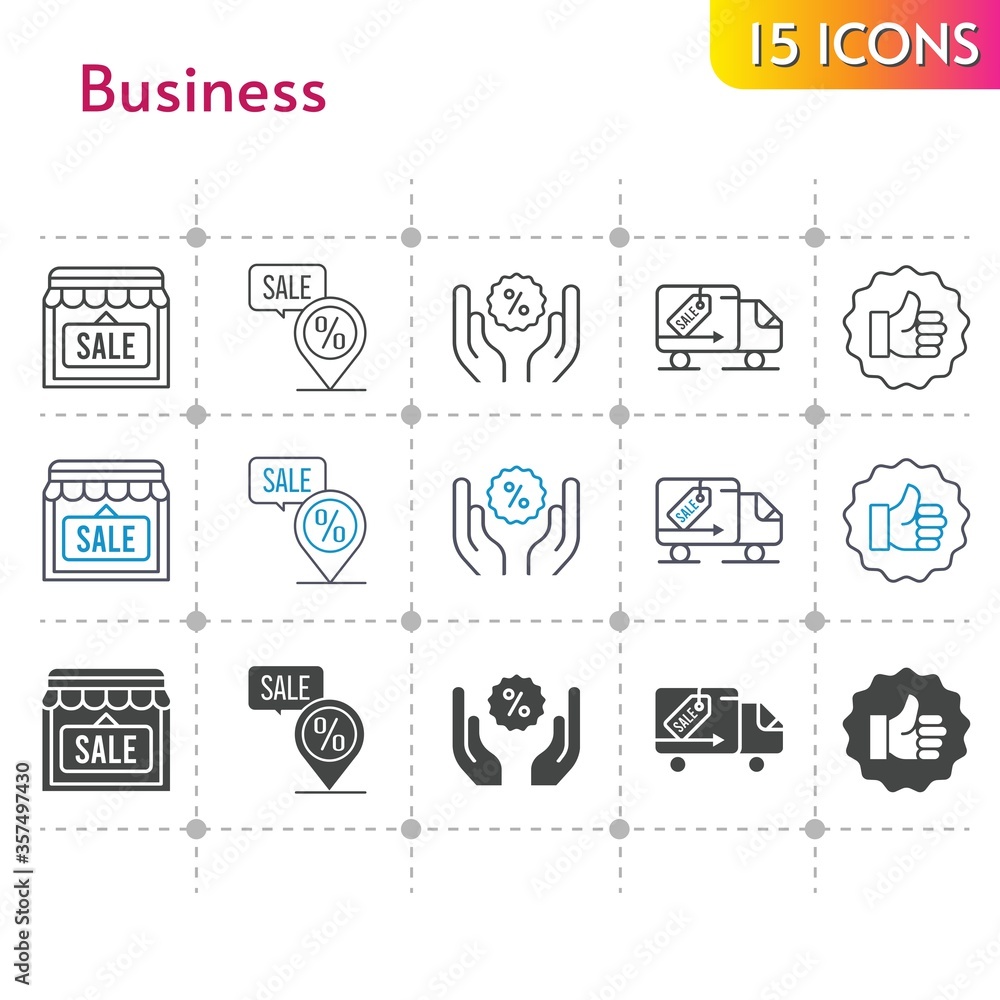 Fototapeta premium business icon set. included shop, like, discount, placeholder, delivery truck icons on white background. linear, bicolor, filled styles.