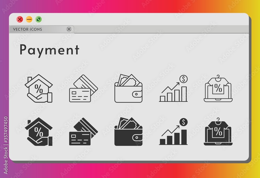 payment icon set. included profits, online shop, mortgage, wallet, credit card icons on white background. linear, filled styles.