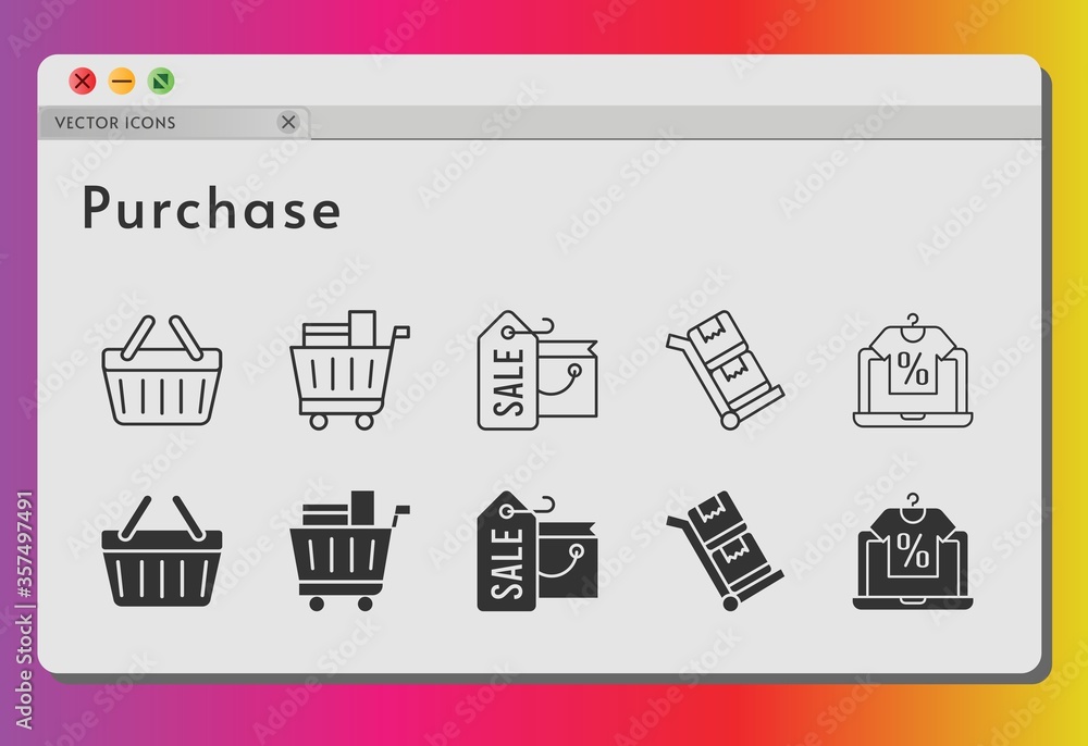 Fototapeta premium purchase icon set. included shopping bag, online shop, shopping cart, shopping-basket, shopping basket, trolley icons on white background. linear, filled styles.