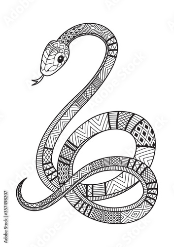 Snake doodle coloring book page. Antistress for adult. Zentangle style. Chinese symbol of the year the snake in the eastern horoscope.