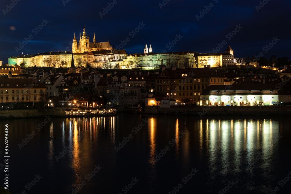 Prague skyline panorama. Czech Republic castle night cityscape. Europe traditional old city for tourism